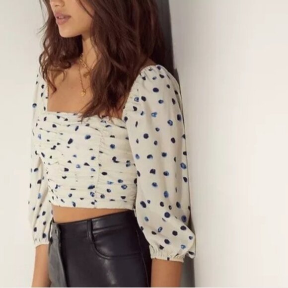 Artizia Wilfred Lolita Polka Dot Crop Long Sleeve Blouse With Ruching - Picture 2 of 10